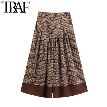 

TRAF Women Chic Fashion Chain Print Pleated Wide Leg Pants Vintage High Waist Side Zipper Female Ankle Trousers Mujer