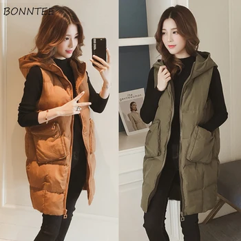 

Vests Women Zipper Pockets Simple Trendy Graceful Casual Womens Waistcoats Thicker Winter Chic Female Hooded Warm Soft All-match
