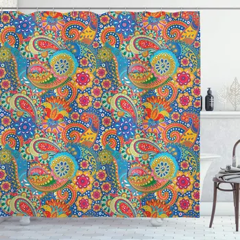 

Asian Shower Curtain Colorful Paisley Floral Pattern Classical Ornamental Medieval Art Bathroom Decor Set with Hooks 70" Long