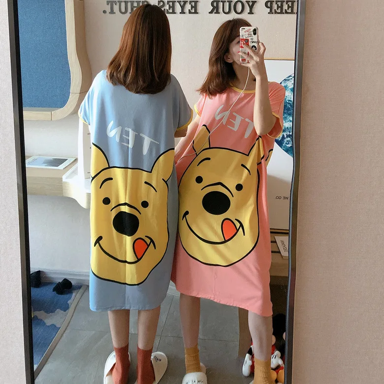 

Summer Short-sleeved Nightgown Women's Pooh Bear Skirt 2020 New Style Home-feeding Filming 2 PCs Color