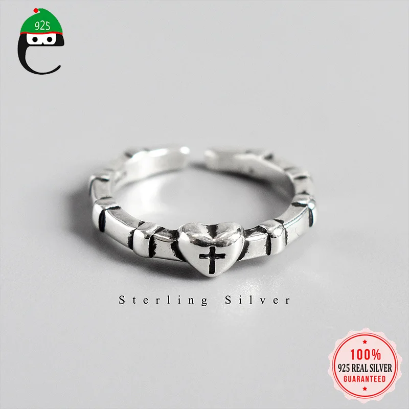 

ElfoPlataSi 100% 925 Sterling Thai Silver Heart Cross Opening Ring Sizable For Women Girl Silver 925 JewelryWedding Gift ED424
