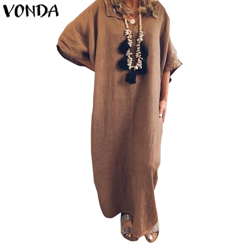 VONDA размера плюс длинное платье Макси женское винтажное платье с коротким рукавом весна лето повседневное свободное платье - Цвет: Coffee