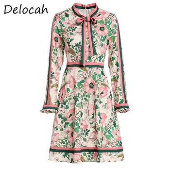 

Delocah Elegant Summer Women Fashion Designer Women Long Sleeve Flowers Bow Printing Loose Ladies Short Dress Vestoidos