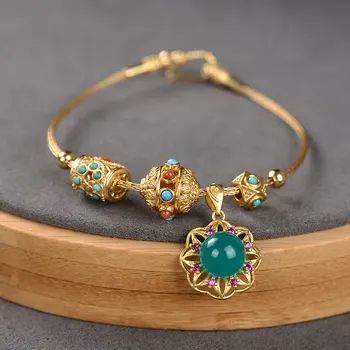 

Real pure 925 Sterling Silver Gold Plated Amazonite Natural lake Blue gemstone agate Turquoise Charm bracelet jewelry for women