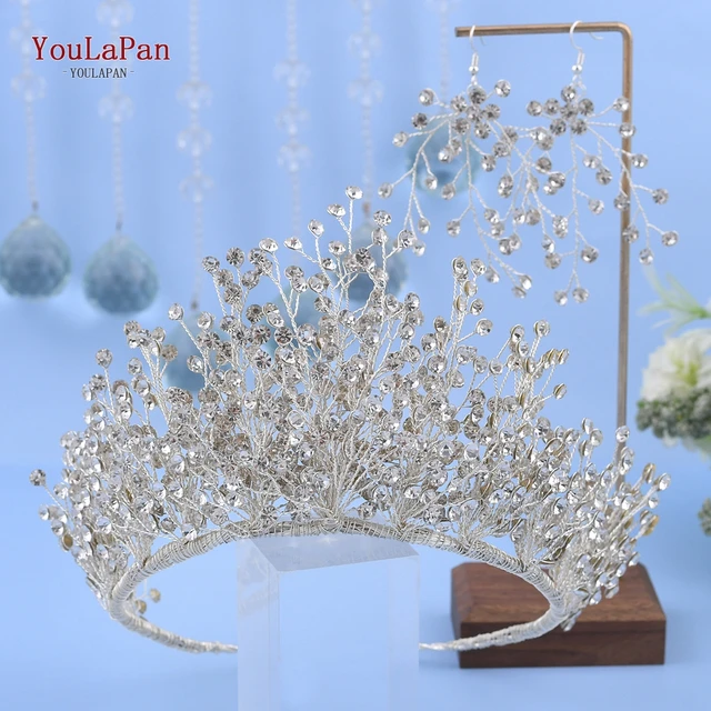TOPQUEEN HP193 Silver Golden Wedding Tiaras and Crowns Rhinestone Wedding Headband Luxury Wedding Headpieces Briadl Hair Jewelry S-1 crown 1 earring
