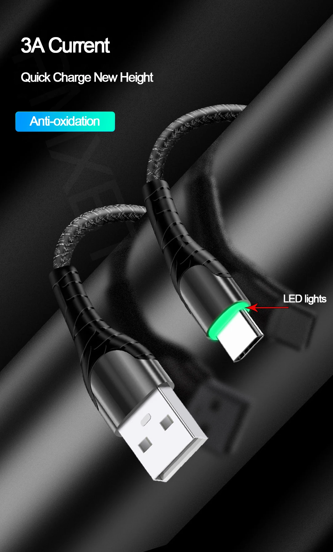 1 м type-C кабель для samsung A50 S10 S9 S8 светодиодный USB C кабель для синхронизации данных и быстрой зарядки для Xiaomi Mi9 Mi8 Redmi Note 8 USBC провод шнур