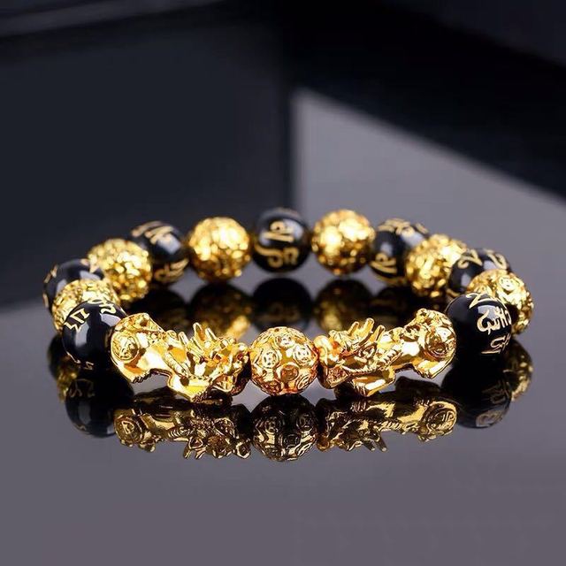 Shui Obsidian Stone Beads Bracelet Men Women Unisex Wristband Gold Black Pixiu Wealth and Good Luck Color Changing Bracelet