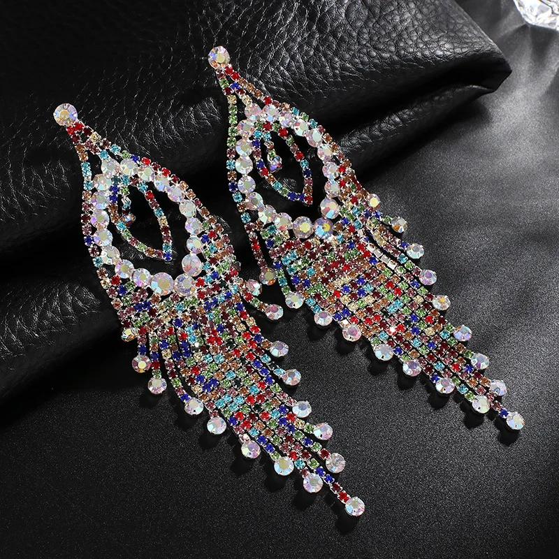 

Farlena Jewelry Multicolor Rhinestones Dangle Earrings for Women Wedding Accessory Fashion Bridal long crystal tassel Earrings