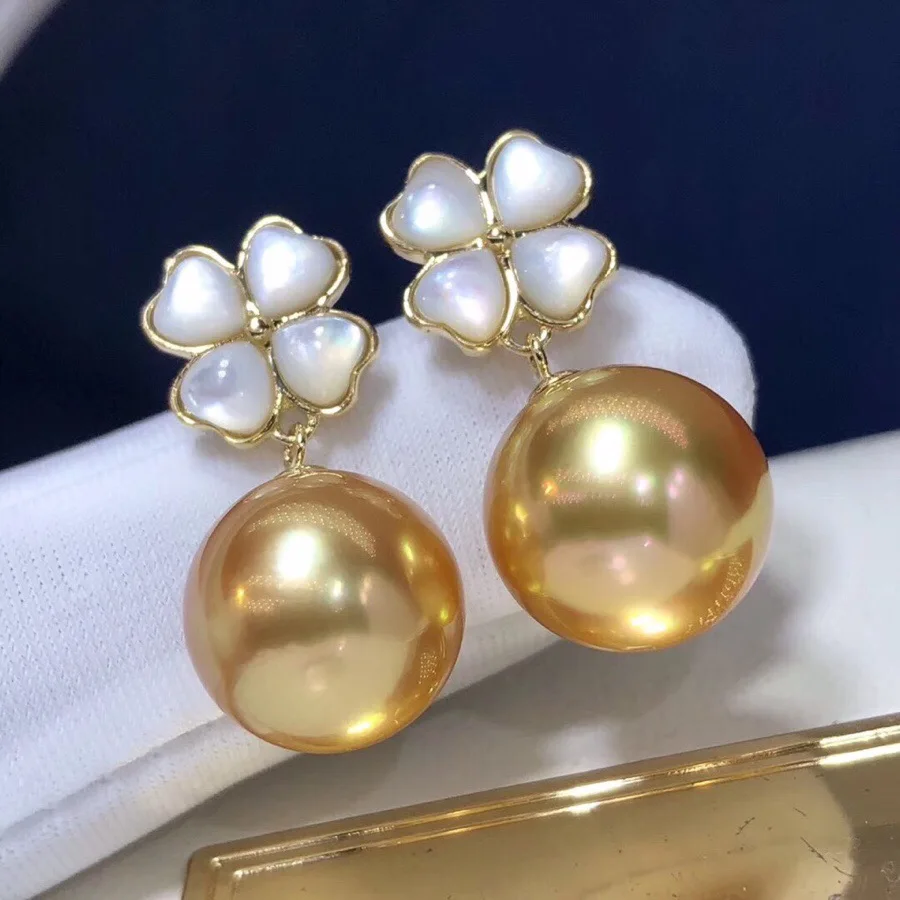 Pearl Earrings 1026 Fine Jewelry Pure 18 K Gold Natural 8-9mm Ocean Golden Round Pearl Earrings for Women Fine Pearl Earrings