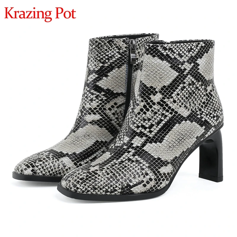 

Krazing pot new genuine leather winter round toe modern high heels zipper vintage prints leather snake patterns ankle boots l3f1