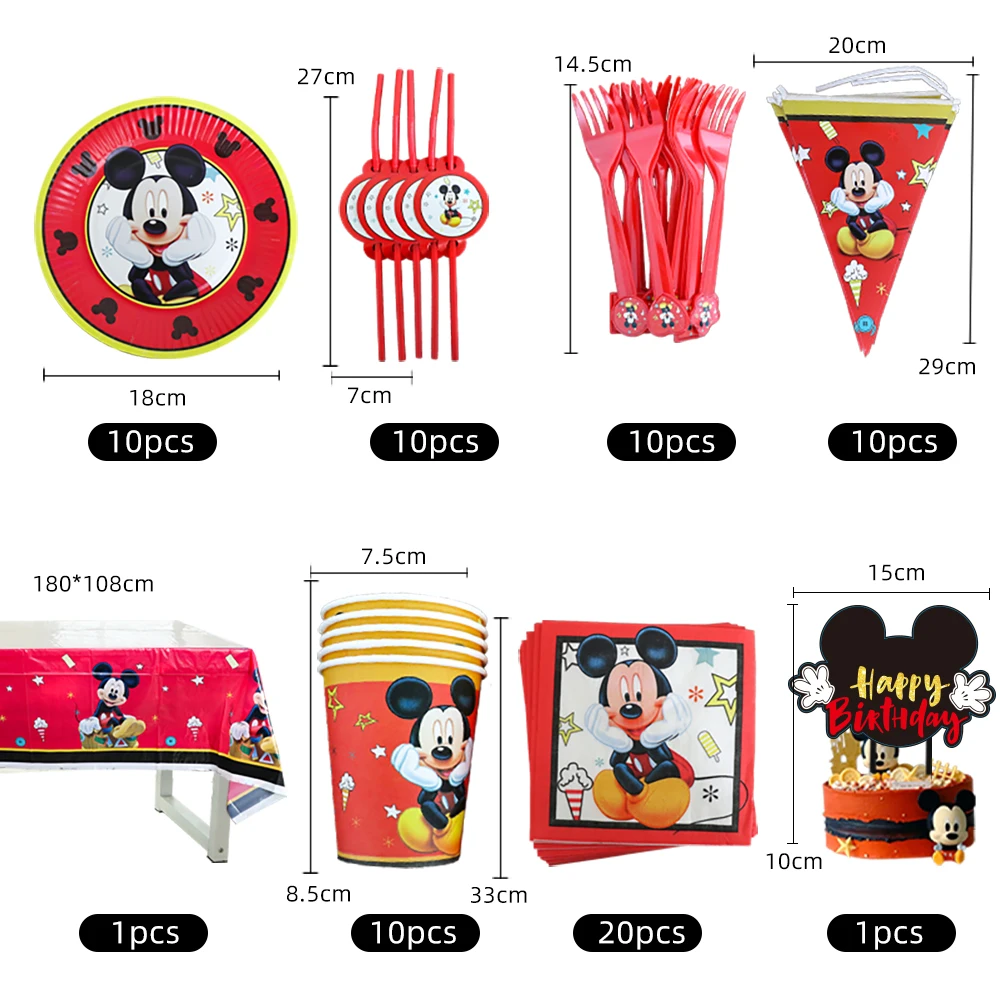 1Set Red Mickey Mouse Theme Disposable Paper Cups Plates Flexible Straws Baby Shower Kid Birthday Napkin Decoration Supplies 