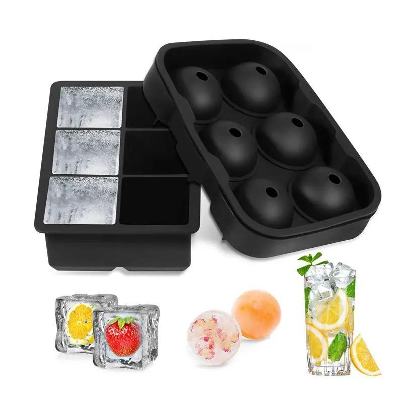 Black Set 2 шт./компл. силиконовая форма для льда круглой формы и большой поднос кубика льда 6 отверстий льда мяч DIY Инструменты для мороженого бар Кухня аксессуары - Цвет: Black Set