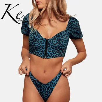 

KE New Collection 2020 Short Sleeve Leopard Zip Bikini New Ladies Split Swimsuit blue with pad 2 pieces woman summer