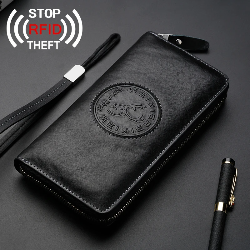 WEIXIER RFID Anti-Theft Swipe Card Wallet Men's Leather Wallet Multifunctional Long Card Holder Wallet