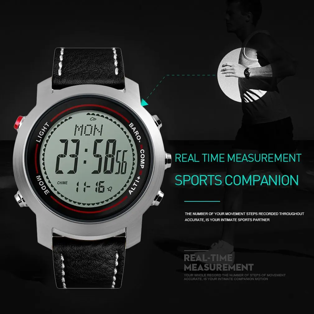 MG03 Sport Watch Stainless Steel Dial Leather Band Multi-Function 5ATM Mountaineer Smart Watch Altimeter Barometer Thermometer