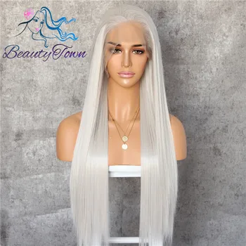 

BeautyTown #60 Grey White Straight Free Part Futura No Tangle Heat Resistant Daily Wedding Makeup Layer Synthetic Lace Front Wig