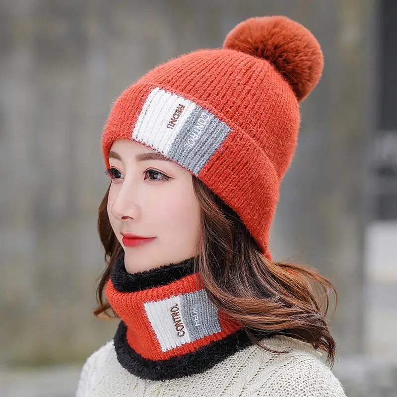 COKK новые зимние шапки шарф комплект из двух предметов Толстая теплая шерстяная вязаная шапка с шарфом Корейская Дамская шапка и шарф бархатный утепленный комплект - Цвет: Orange