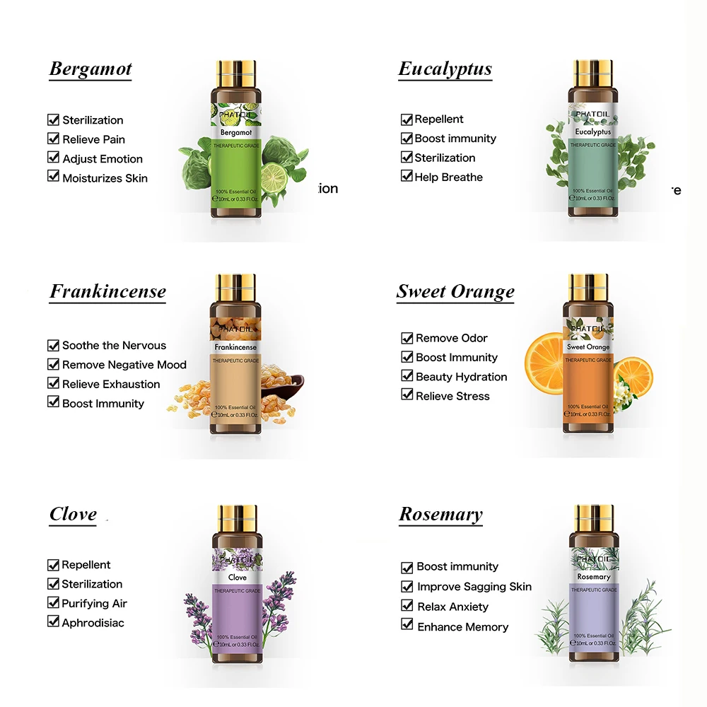 10ML Rosemary Geranium Pure Natural Essential Oil Diffuser Eucalyptus Bergamot Frankincense Sweet Orange Cloves Grapefruit Oil-3