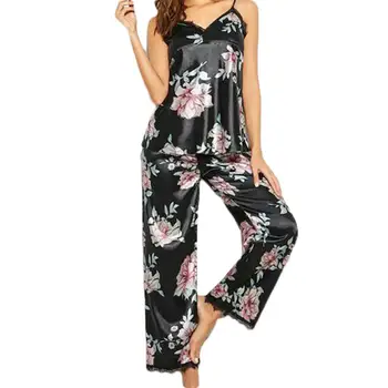 

2Pcs Women Pajama Sets V-Neck Floral Print Lace Vest Pants Strappy Sleepwear Sexy Sleeveless Strap Vest+Wide Leg Pants