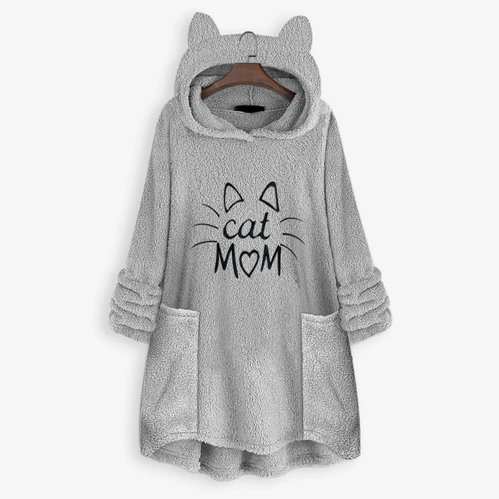 Women Sweatshirt Women Cat Mom Fleece Embroidery Cat Ear Hoodie Sweatshirts Pocket Pullover Top mujer Winter Hoodies#L20