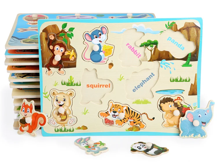 Dropshipping Baby Toys Hand Gripper Puzzles Wooden Toys For Kids Animal/Digital/Ocean Puzzle Educational Preschool Teaching Aids