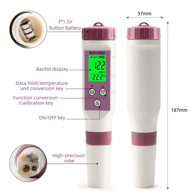 Testeur pH Mètre Electronique Bluetooth 4-1,ATC Testeur de Qualité de  l'eauTDS/EC/Température/PH(précision0.01),Étalonnage Automatique