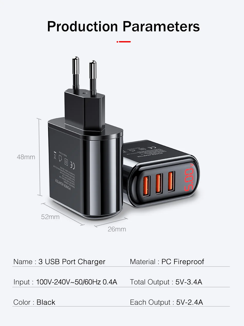 YKZ, 18 Вт, USB зарядное устройство для телефона, 3,4 A, адаптер для быстрой зарядки, светодиодный дисплей, настенное зарядное устройство для мобильных телефонов европейского стандарта для iPhone, samsung, Xiaomi, huawei