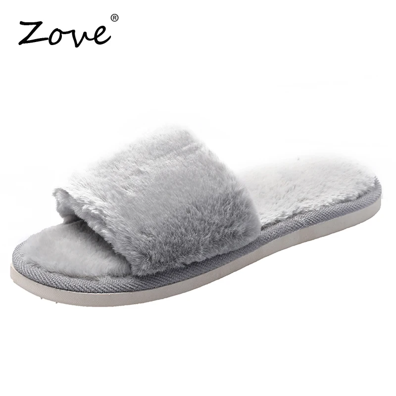 

ZOVE Women Warm Slides House Slippers Indoor Flat Slip On Slippers Casual Ladies Slipper Shoes Winter Plush Fur Home Sandal Shoe