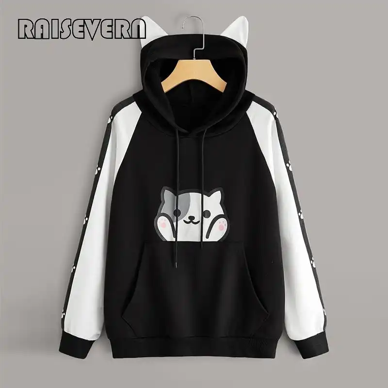 Sudadera con capucha Kawaii con orejas de gato para mujer, estilo coreano,  informal, de manga larga, estampado de gato, bolsillo, buzo con capucha y  bolsillo, ropa, Jersey, sudadera|Sudaderas con capucha y sudaderas| -