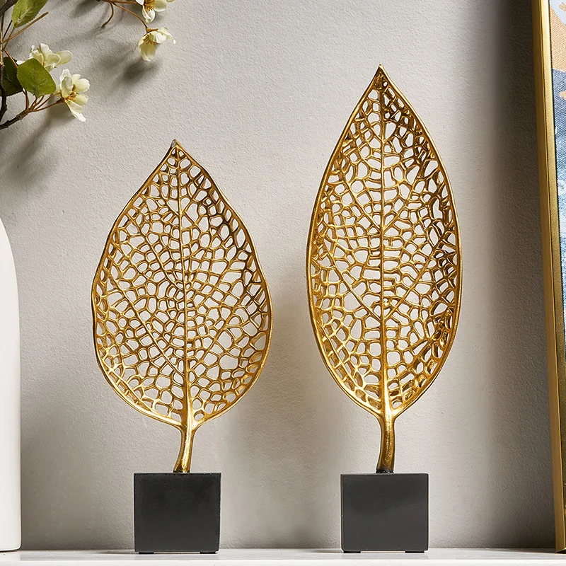 Decoraciones modernas para el hogar, armario de vino para sala de estar, porche, escritorio, decoración nórdica, arte del hierro, adornos de hojas doradas, artesanías