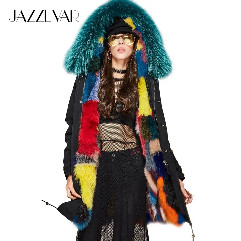 JAZZEVAR Новая куртка женская модная роскошная разноцветная армейская парка из натурального лисьего меха съемное пальто с капюшоном верхняя одежда зимняя куртка