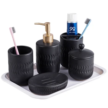 

Nordic black ceramic bathroom accessories Washing set Bathroom 5-piece Set Toothbrush Cup Soap Dish Soap Bottle