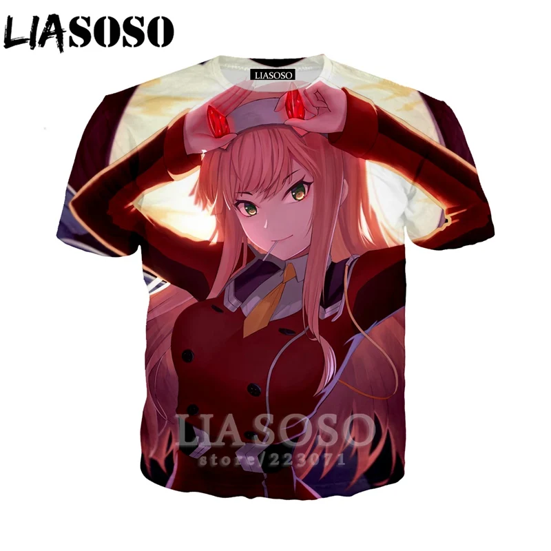 

LIASOSO Anime Girl T Shirt 3D Print Men Women Darling In The Franxx Tees Tops ZERO TWO Cute Beach O Neck Men's T-shirts D001-07