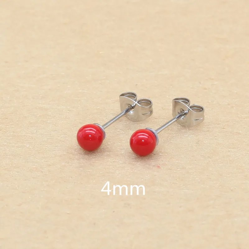 Kurze Ohrstecker aus Edelstahl, rote Natur-Muschelperlen, Perlen, 4 mm, 6 mm, 8 mm, kein Verblassen, allergiefrei – Detail 7