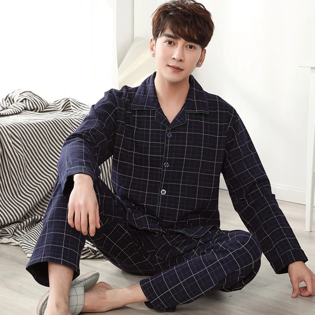Winter 100 Cotton Pajamas Men Lounge Sleepwear Blue Plaid Pijama Man s Warm Bedgown Home Clothes