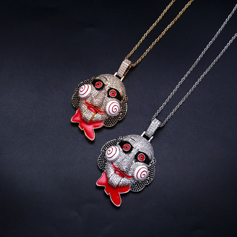 

Horror Movie Saw Clown Mask Necklace Pendant Hip Hop Jewelry AAA Cubic Zirconia Iced Out Chain Unisex Cosplay Accessories Props
