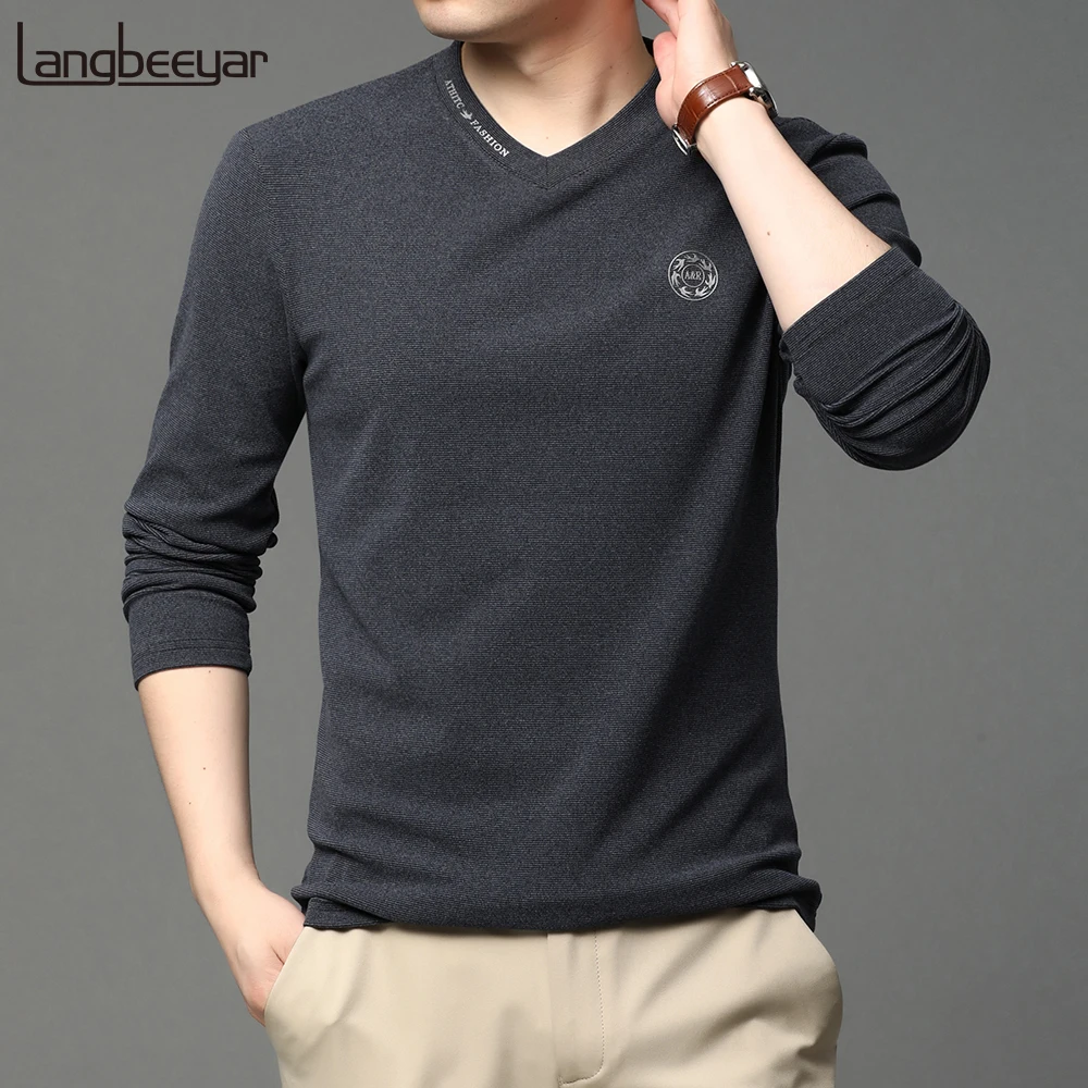 

2020 Top Quality New Fashion Brand Heavy Mens Designer Brand t Shirt Solid Color V Neck Long Sleeve Mens Tops Casual Men Clothes