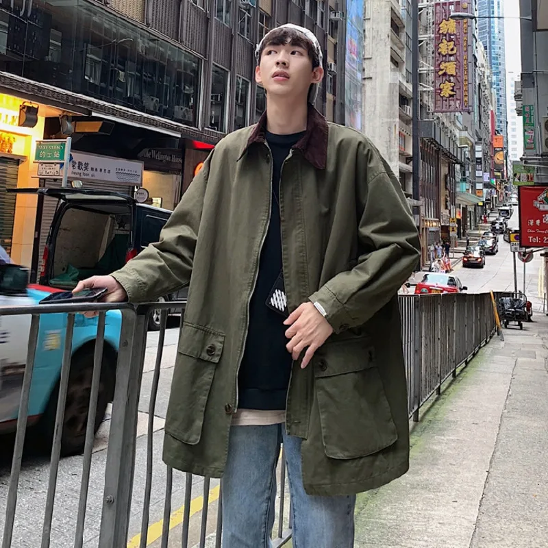 

Men's windbreaker jacket 2019 autumn and winter new loose color matching long windbreaker jacket youth fashion men's clothing