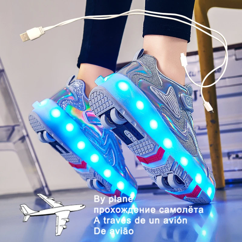 Zapatillas luminosas de ruedas para niños y niñas, zapatos de Patinaje con luz Led, con carga USB, color negro y rosa, 43| | - AliExpress