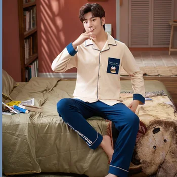 

Winter Warm Silk Lounge Nightwear Autumn Turn-down Collar Long Sleeve Male Pajamas Set Cotton Print Sleepwear for Men