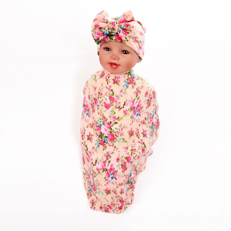 2 шт./компл. новорожденных печать Обёрточная бумага пинг Одеяло головной убор с бантом для малышей и детей постарше-узел Кепки Пеленальное Одеяло Обёрточная бумага комплект Младенцы подарки H7EB