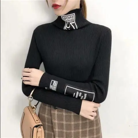 Woherb/весенне-осенний Женский вязаный свитер с высоким воротом Harajuku аппликация трикотаж эластичный Повседневный джемпер Женские приталенные пуловеры - Цвет: black pullover
