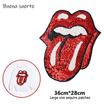 

Red lip Roling Stone Sew on Appliques Clothes Embroidered sequins patches for clothing DIY Motif Rock and roll Tide music brand