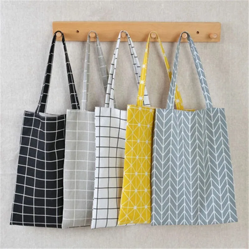 

Women Shopper Bag Plaid Linen Cotton Canvas Shopping Shoulder Bags Eco-friendly Folding Portable Grocery Tote Bags 5 Colors