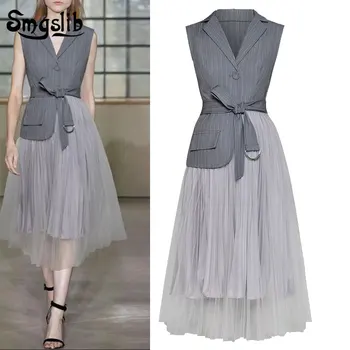 

2019 Spring Woman Gray Color Sleeveless Single Button Turn-down Collar Asjustable Waist Spliced Mesh Dress