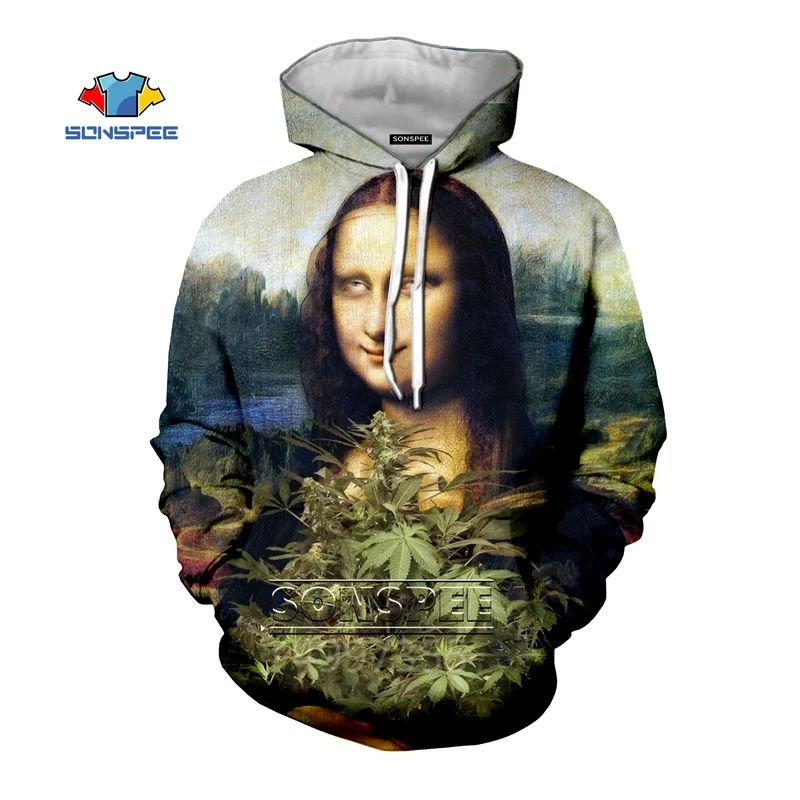 SONSPEE/Осенняя толстовка для мальчиков и девочек-подростков с 3D принтом Mona Lisa harajuku; худи для отдыха с длинными рукавами; зеленый пуловер для детей; C144