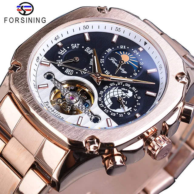 GMT1158-12 Бренд Forsining, мужские механические часы, супер класс, автоматические Moonphase Tourbillon Earth Date, розовое золото, стальной ремень, часы Relogio - Цвет: GMT1158-12