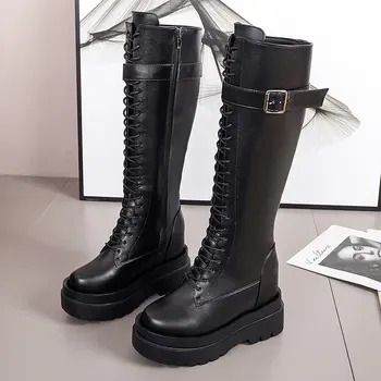

High Knee Platform Boots Women Chunky Leather High Heel Gothic Shoe Punk Boots Women Cross Strap Thick Sole Autumn Winter Boots