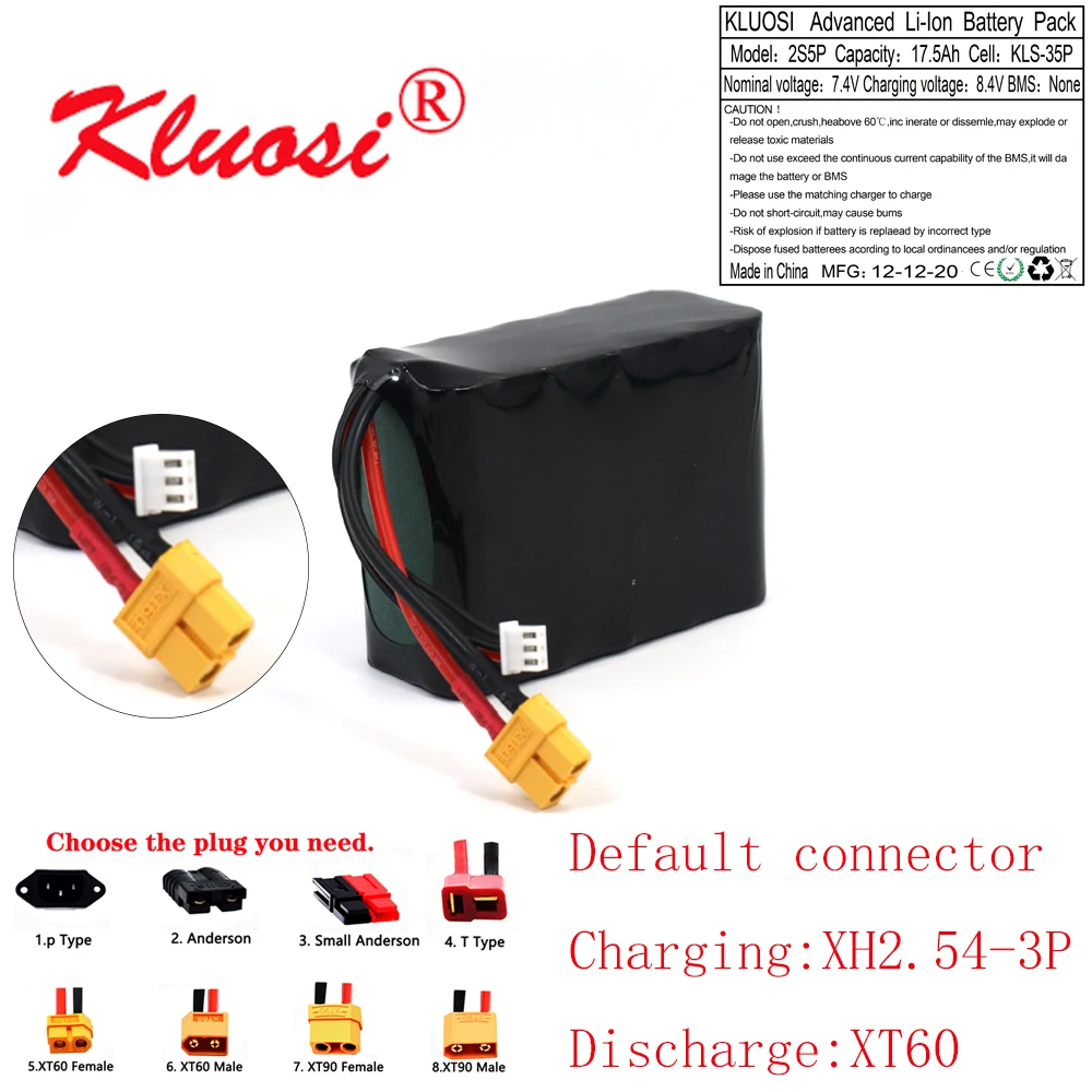 KLUOSI 7.4V 17.5Ah 18Ah 2S5P 8.4V High Capacity UAV Rechargeable Li-ion Battery for Various RC Airplane Quadrotor XH2.54-3P XT60