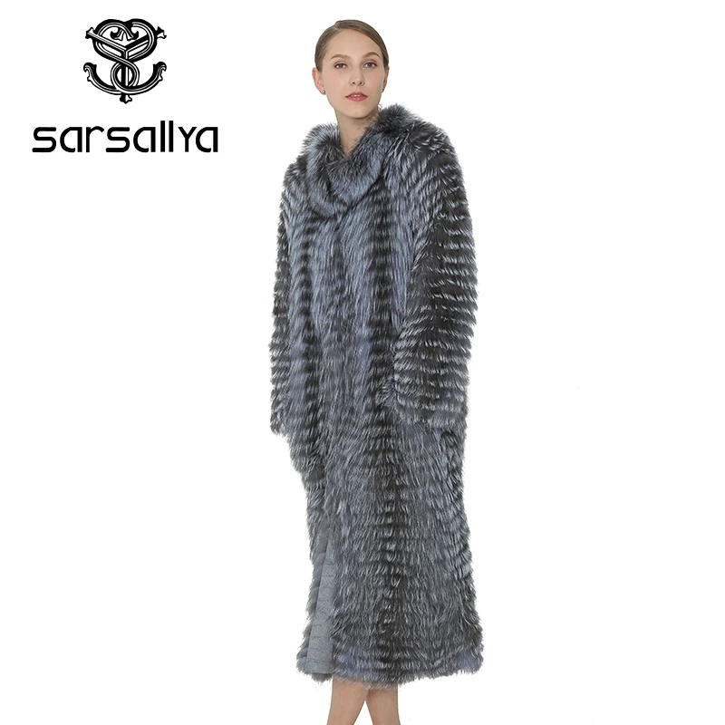 SARSALLYA длинные натурального меха лисы зимнее пальто Настоящее Silver Fox жилет женская